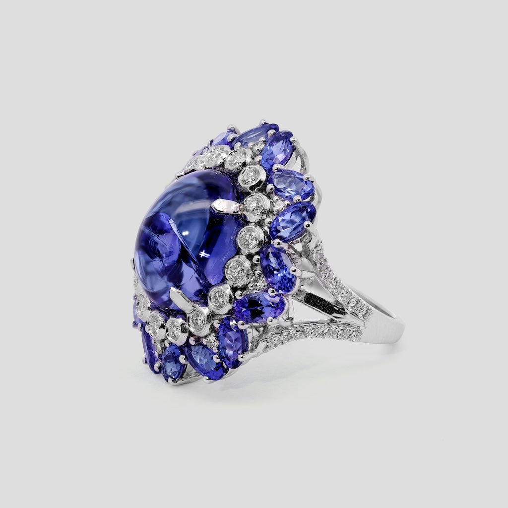 Tanzanite Cabochon Cocktail Ring with Diamond