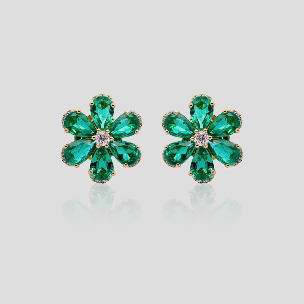 Iconic Emerald and Diamond Flower Stud Earrings