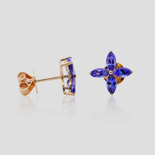 My Love Tanzanite Flower Stud Earrings in 18k Gold