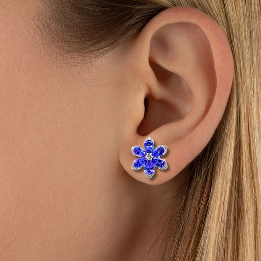 Tanzanite & Diamond Flower Stud Earrings in 18k Gold