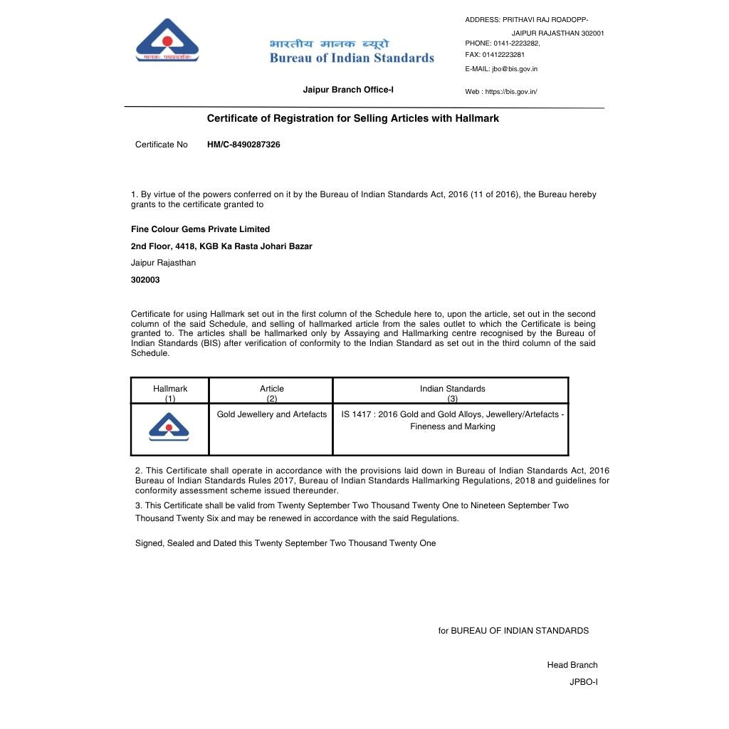 Certificate of Registration for Selling Articles with Hallmark from Bureau of Indian Standards
