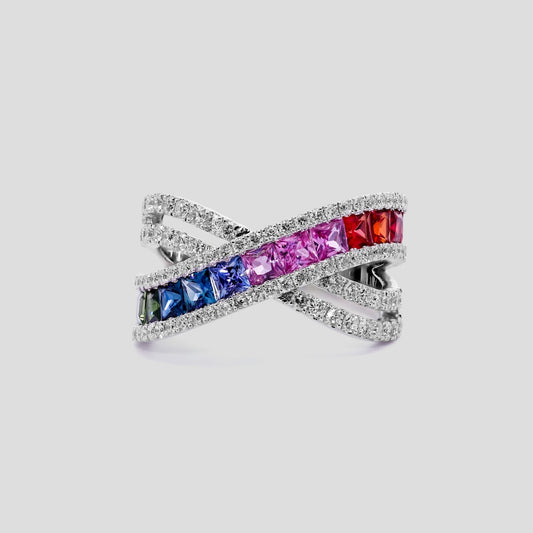 Vibrant Rainbow Sapphire and Diamond Ring