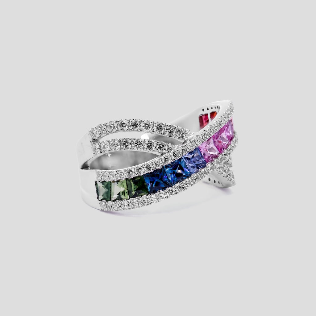 Vibrant Rainbow Sapphire and Diamond Ring