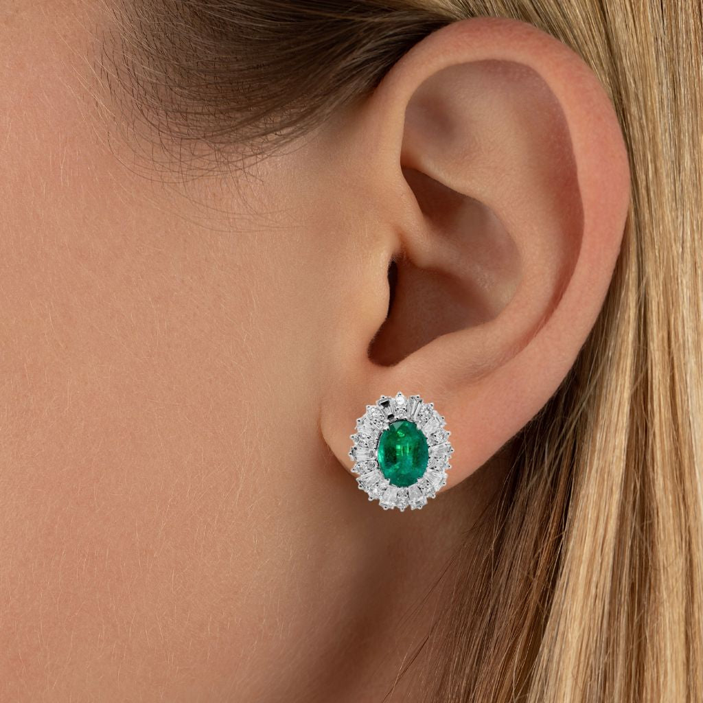 Celebrity Emerald & Diamond Stud Earrings in 18k Gold