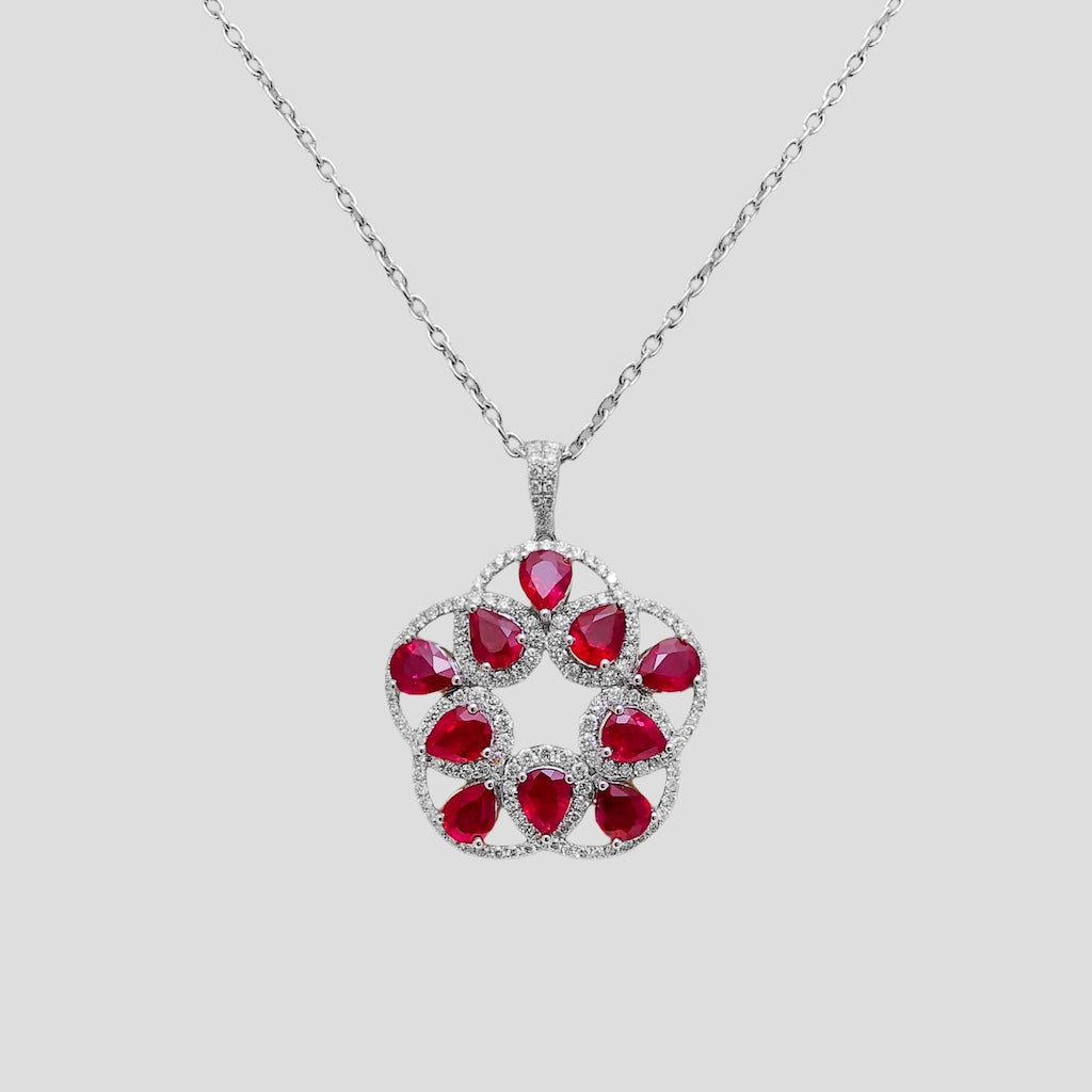 Floral Ruby & Diamond Pendant with Chain (Adjustable) in 18k Gold