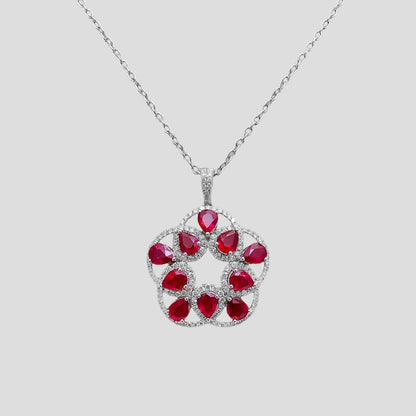 Floral Ruby & Diamond Pendant with Chain (Adjustable) in 18k Gold
