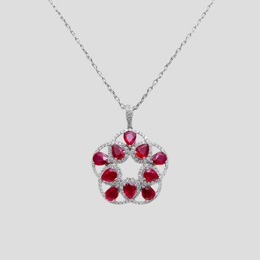 Floral Ruby & Diamond Pendant with Chain (Adjustable) in 18k Gold