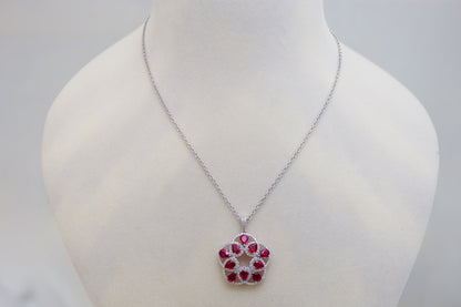 Floral Ruby & Diamond Pendant with Chain (Adjustable) in 18k Gold