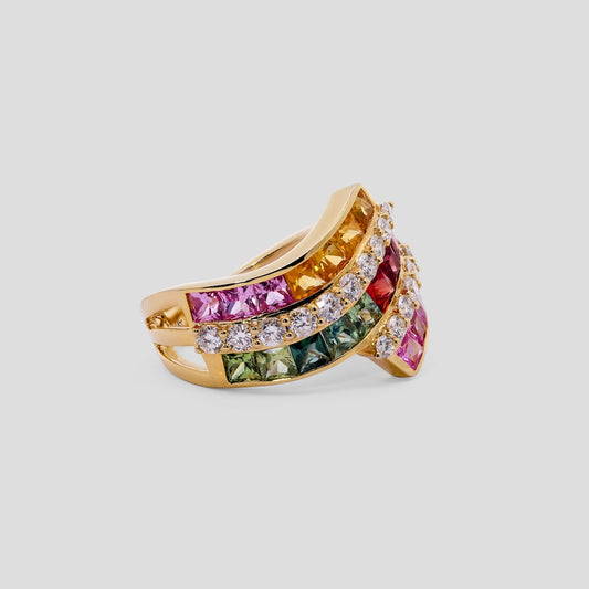 Rainbow Sapphire Designer Ring with Diamond in 18k Gold