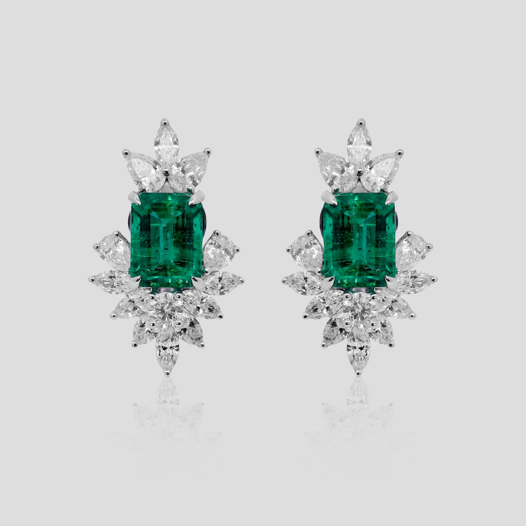 Bridal Emerald & Diamond Stud Earrings in 18k Gold
