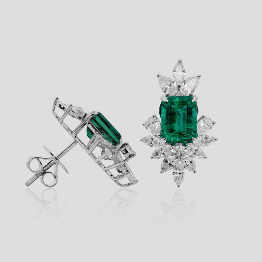 Bridal Emerald & Diamond Stud Earrings in 18k Gold
