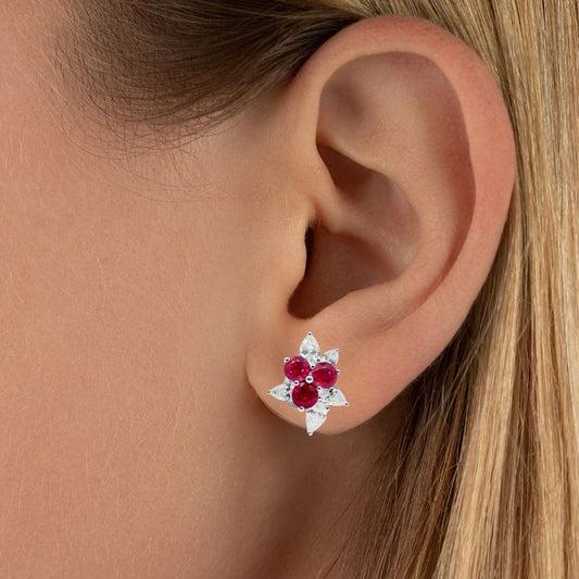 Ruby & Pear Diamond Stud Earrings in 18k Gold