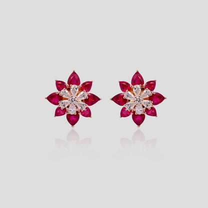 Ruby and Diamond Flower Stud Earrings