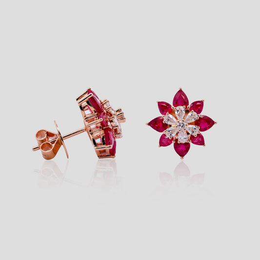Ruby and Diamond Flower Stud Earrings