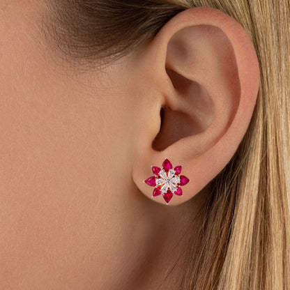 Ruby & Diamond Flower Stud Earrings in 18k Gold