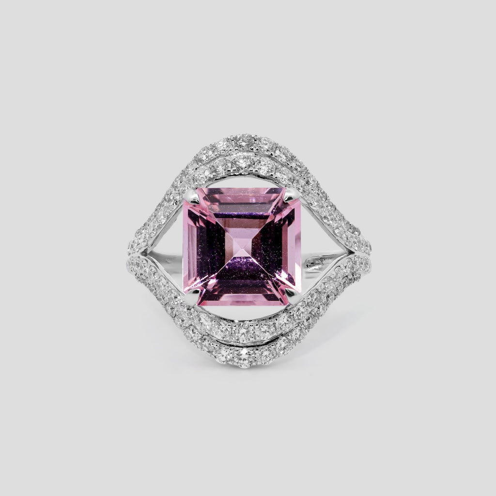 Emerald-Cut Morganite Ring with Diamond in 18k Gold