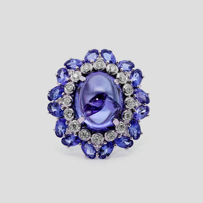 Tanzanite Cabochon Cocktail Ring with Diamond