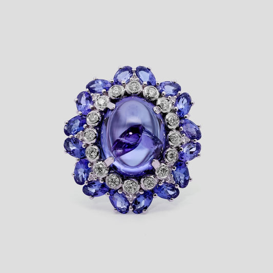 Tanzanite Cabochon Cocktail Ring with Diamond