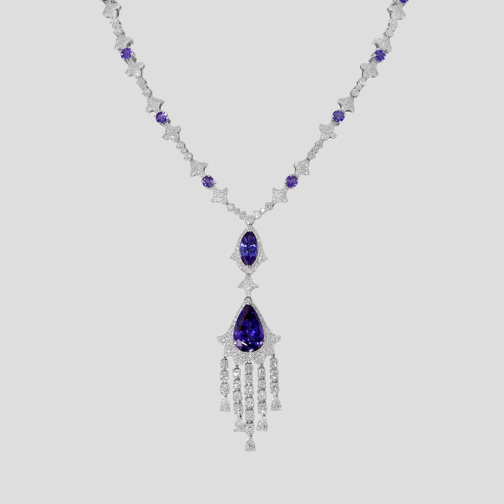 Art Deco Inspired Tanzanite & Diamond Necklace in 18k Gold