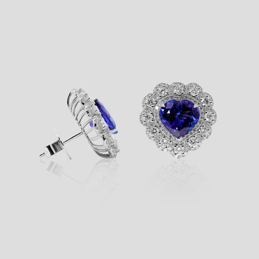 Titanic Tanzanite Heart & Diamond Stud Earrings in 18k Gold