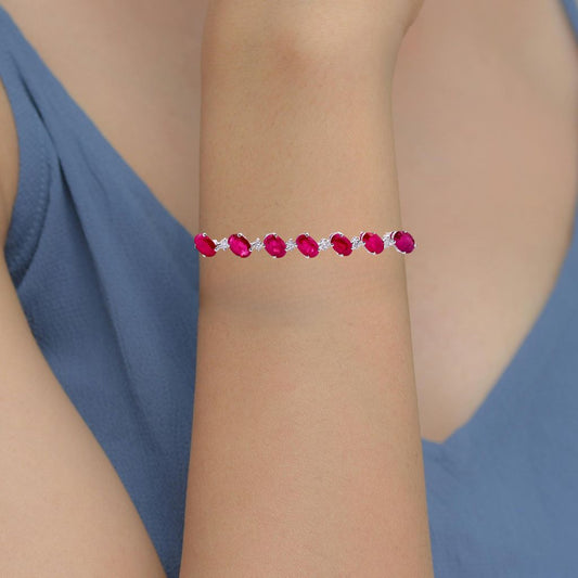 Classic Ruby Oval & Diamond Tennis Bracelet in 18k Gold