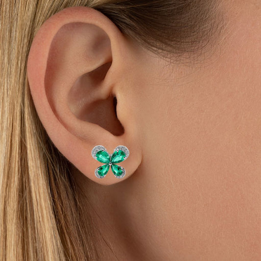 Emerald & Diamond Butterfly Stud Earrings in 18k Gold