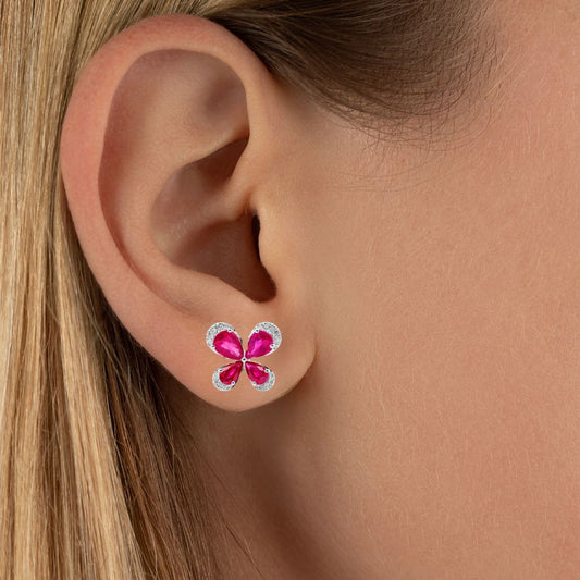 Ruby and Diamond Butterfly Stud Earrings in 18k Gold