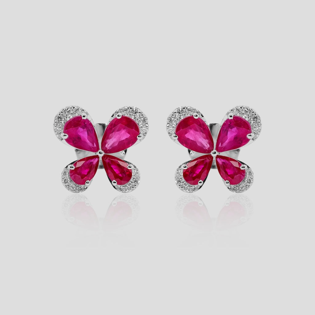 Ruby and Diamond Butterfly Stud Earrings in 18k Gold