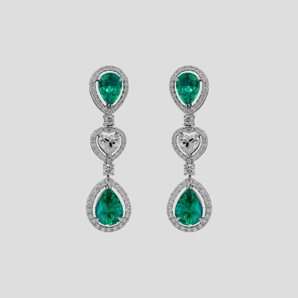Pear Emerald & Diamond Danglers in 18k Gold