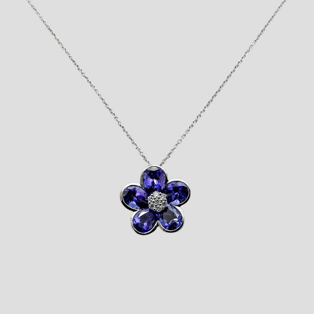 Tanzanite Diamond Flower Pendant with Chain (Adjustable) in 18k Gold