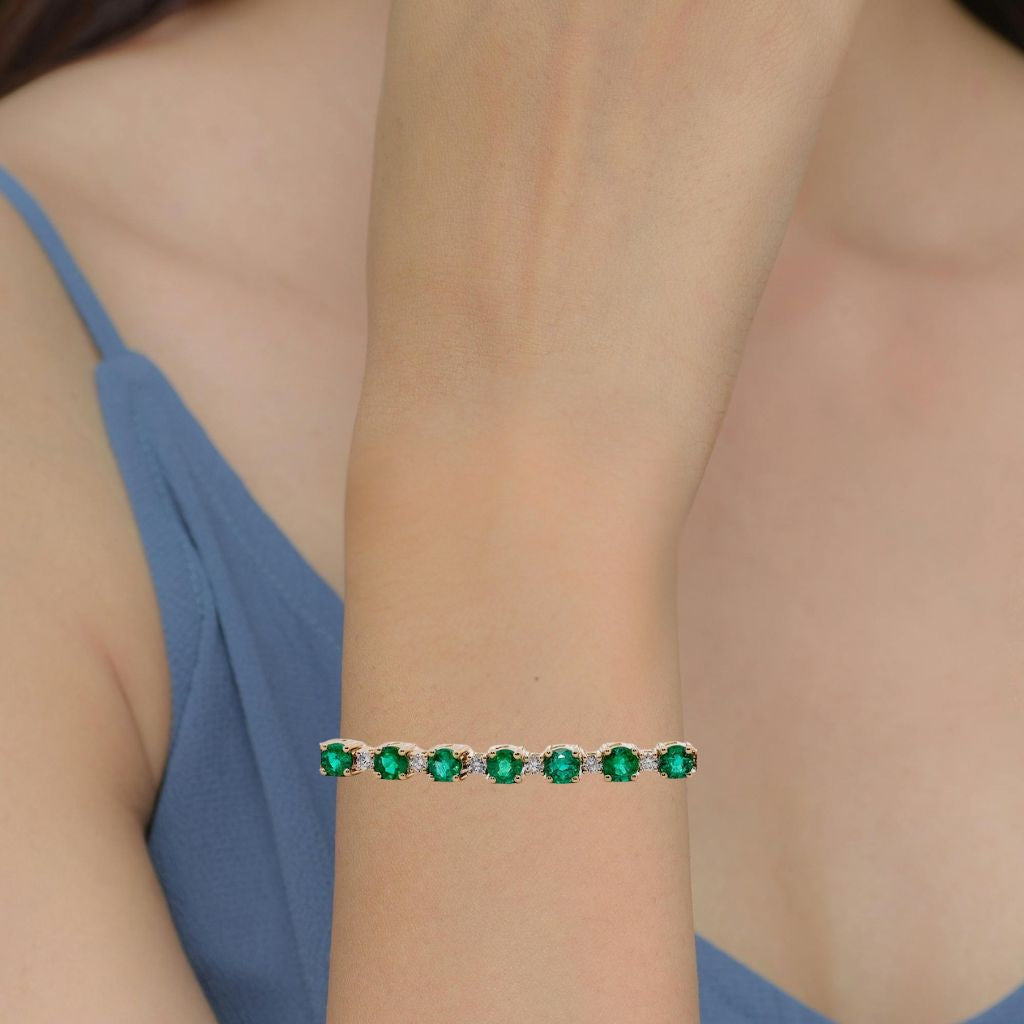 Classic Emerald Round & Diamond Tennis Bracelet in 18k Gold