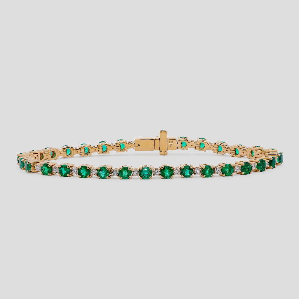 Classic Emerald Round & Diamond Tennis Bracelet in 18k Gold