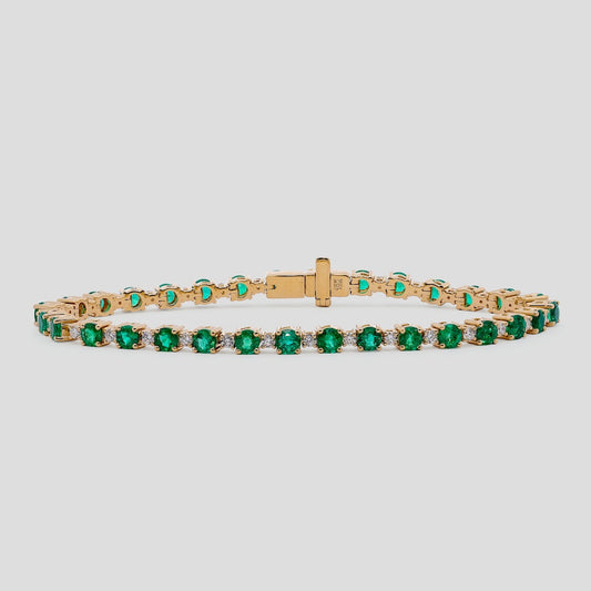 Classic Emerald Round & Diamond Tennis Bracelet in 18k Gold