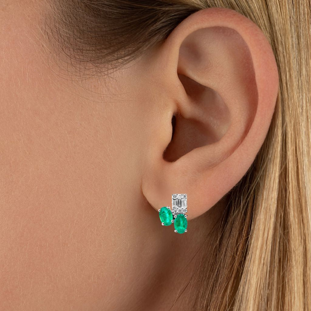 Dainty Emerald & Diamond Stud Earrings in 18k Gold