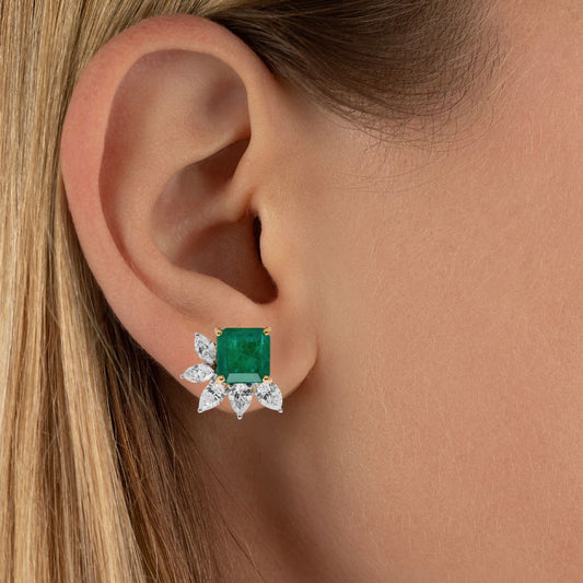 Emerald Octagon and Diamond Stud Earrings in 18k Gold