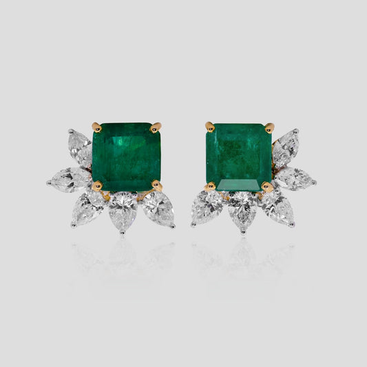 Emerald Octagon and Diamond Stud Earrings in 18k Gold