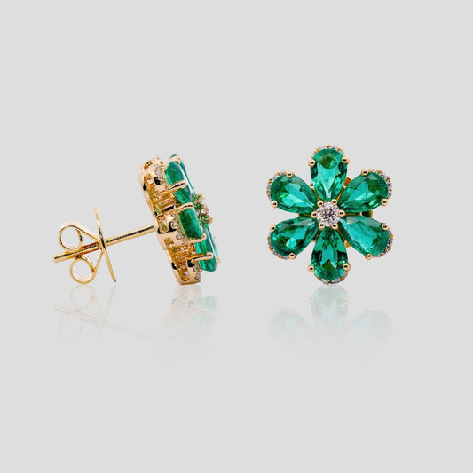 Iconic Emerald and Diamond Flower Stud Earrings