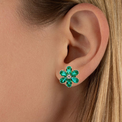 Emerald & Diamond Floral Stud Earrings in 18k Gold