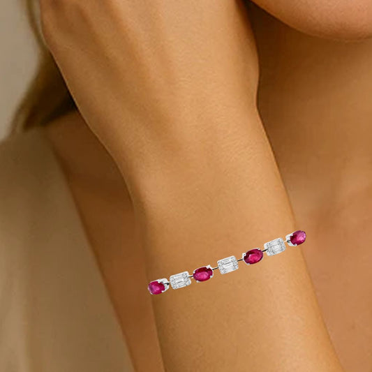 Classic Ruby Oval & Fancy Diamond Tennis Bracelet in 18k Gold