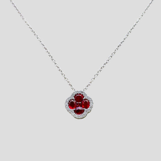 Simplistic Ruby & Diamond Flower Pendant with Chain (Adjustable) in 18k Gold