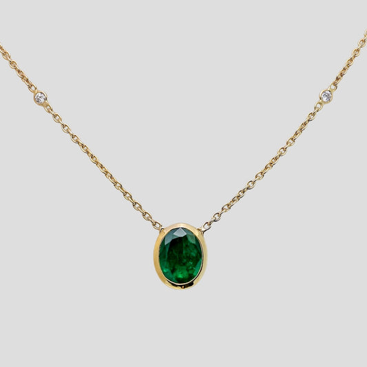 Solitaire Emerald Diamond Halo Pendant with Chain (Adjustable) in 18k Gold