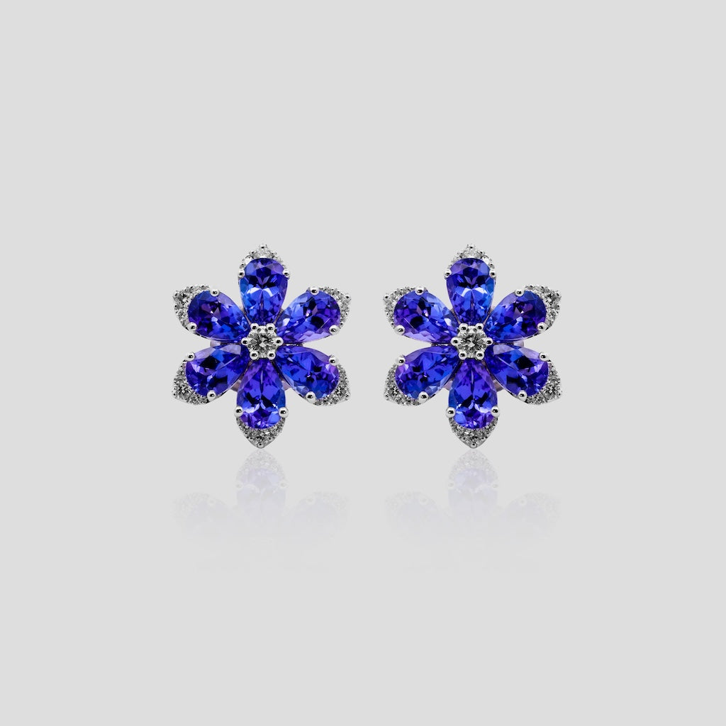 Tanzanite and Diamond Flower Stud Earrings