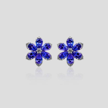 Tanzanite and Diamond Flower Stud Earrings
