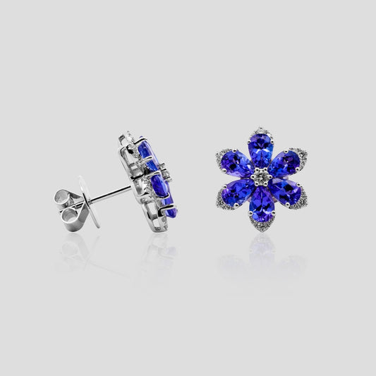 Tanzanite and Diamond Flower Stud Earrings