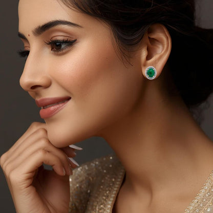 Cocktail Emerald & Diamond Stud Earrings in 18k Gold