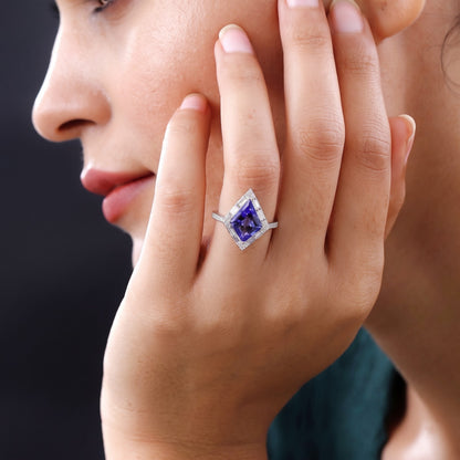 Kite Shape Tanzanite Ring with Diamonds in 18k Gold