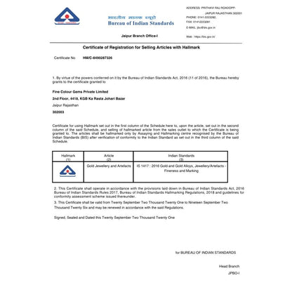 Certificate of Registration for Selling Articles with Hallmark from Bureau of Indian Standards
