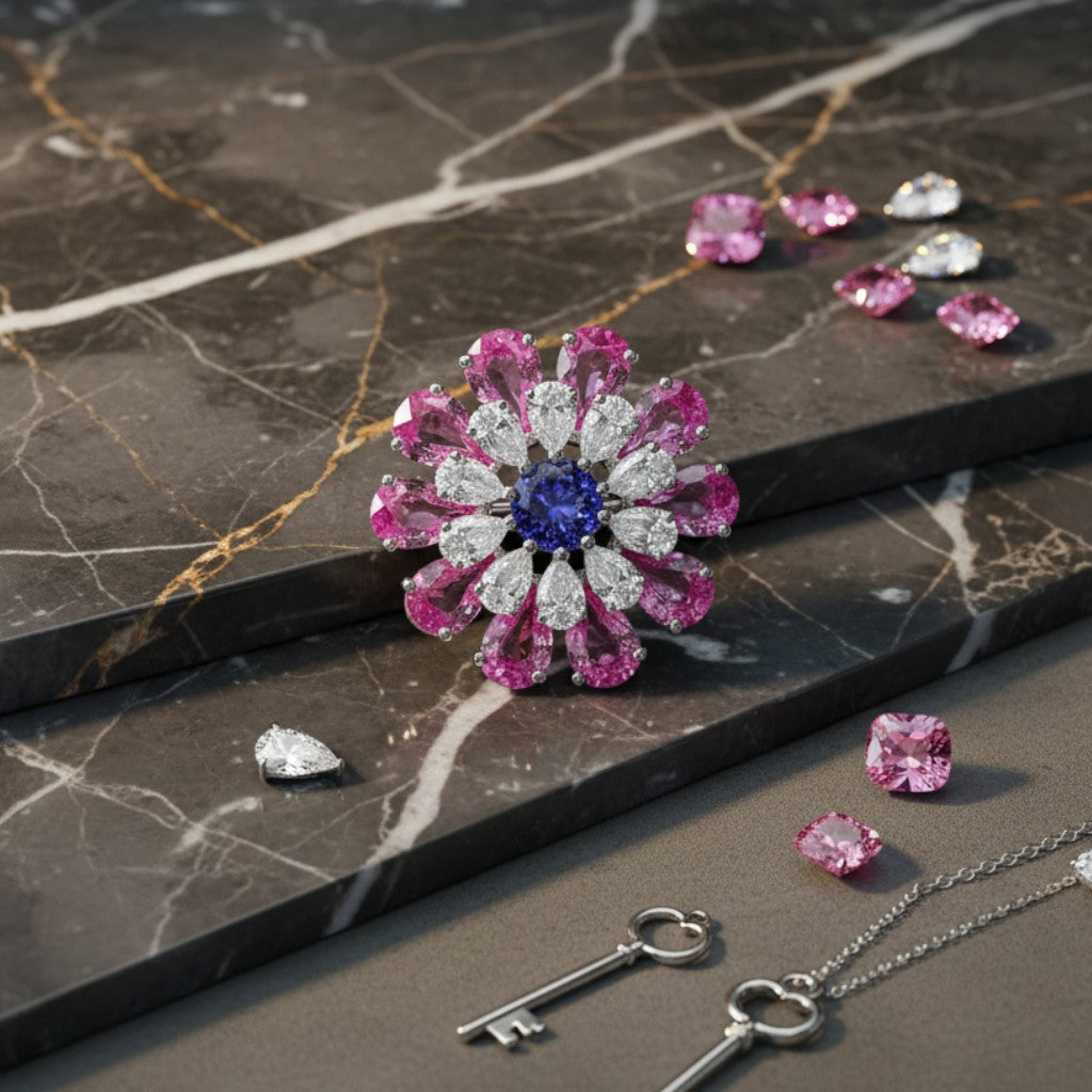luxury pink sapphire ring with tanzanite and diamond on a marble surface.