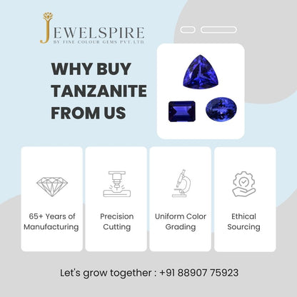 Why Buy Tanzanite from  Jewelspire, showcasing tanzanite stones and reasons to buy.