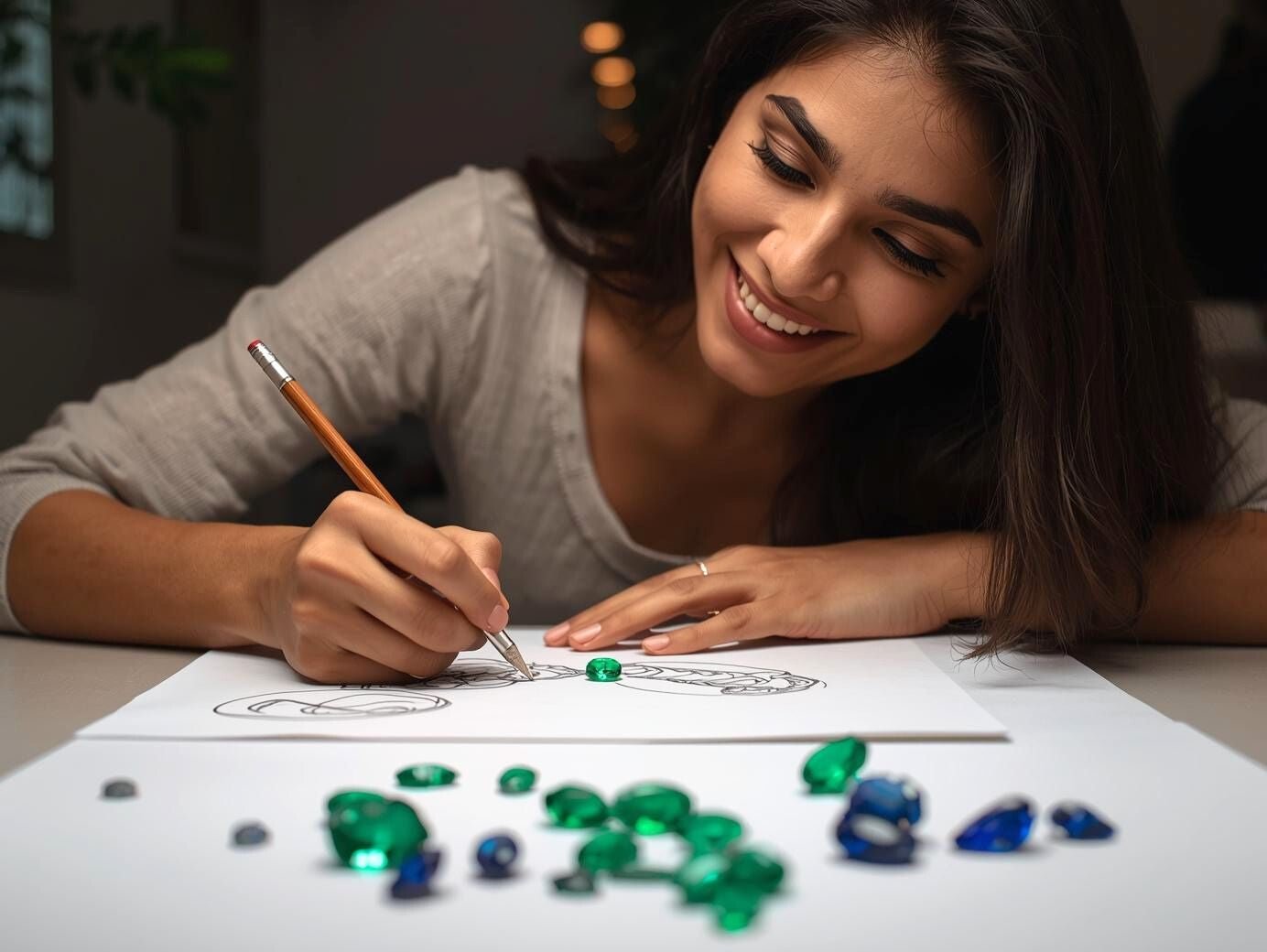 Jewellery designer drawing with colored pencils on paper, surrounded by colored gemstones.